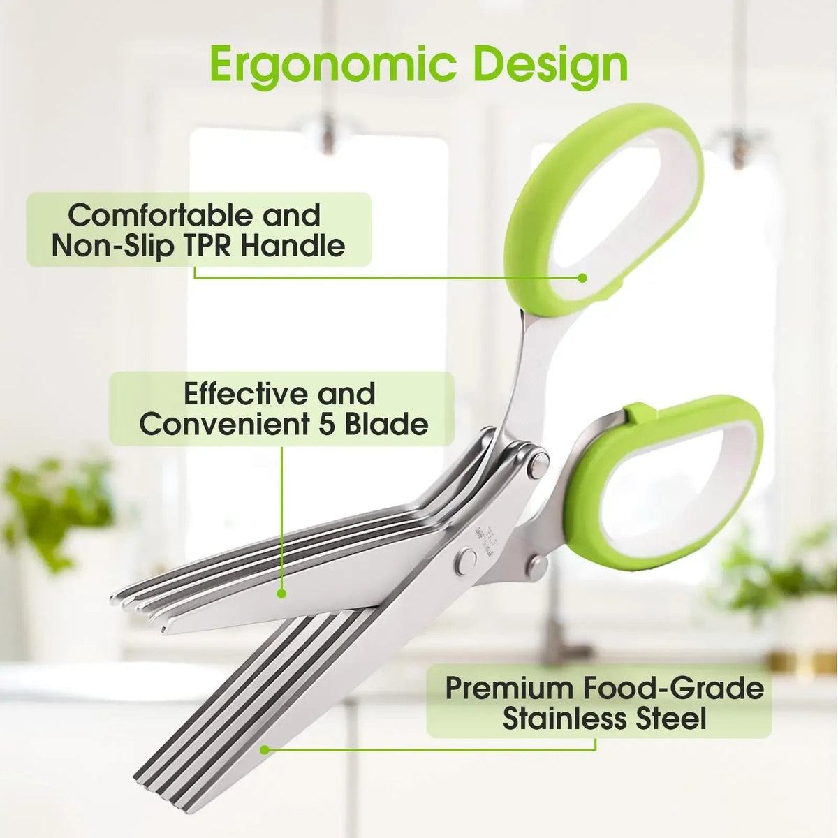 LIMITED DEAL 50% OFF ✂️ QuickCut™ 5-Blade Stainless Steel Multipurpose Kitchen Scissors - Multipurpose Herb Cutter with Safety Cover & Cleaning Comb