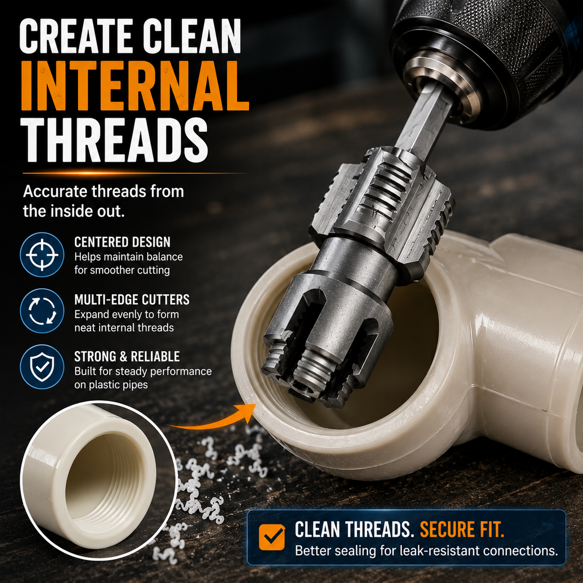 🔥2026 LIMITED SALE 70% OFF 🔧 Drill-Powered Pipe Thread Cutting Bit - Internal & External Threading for 1/2" & 3/4" Plastic Pipes