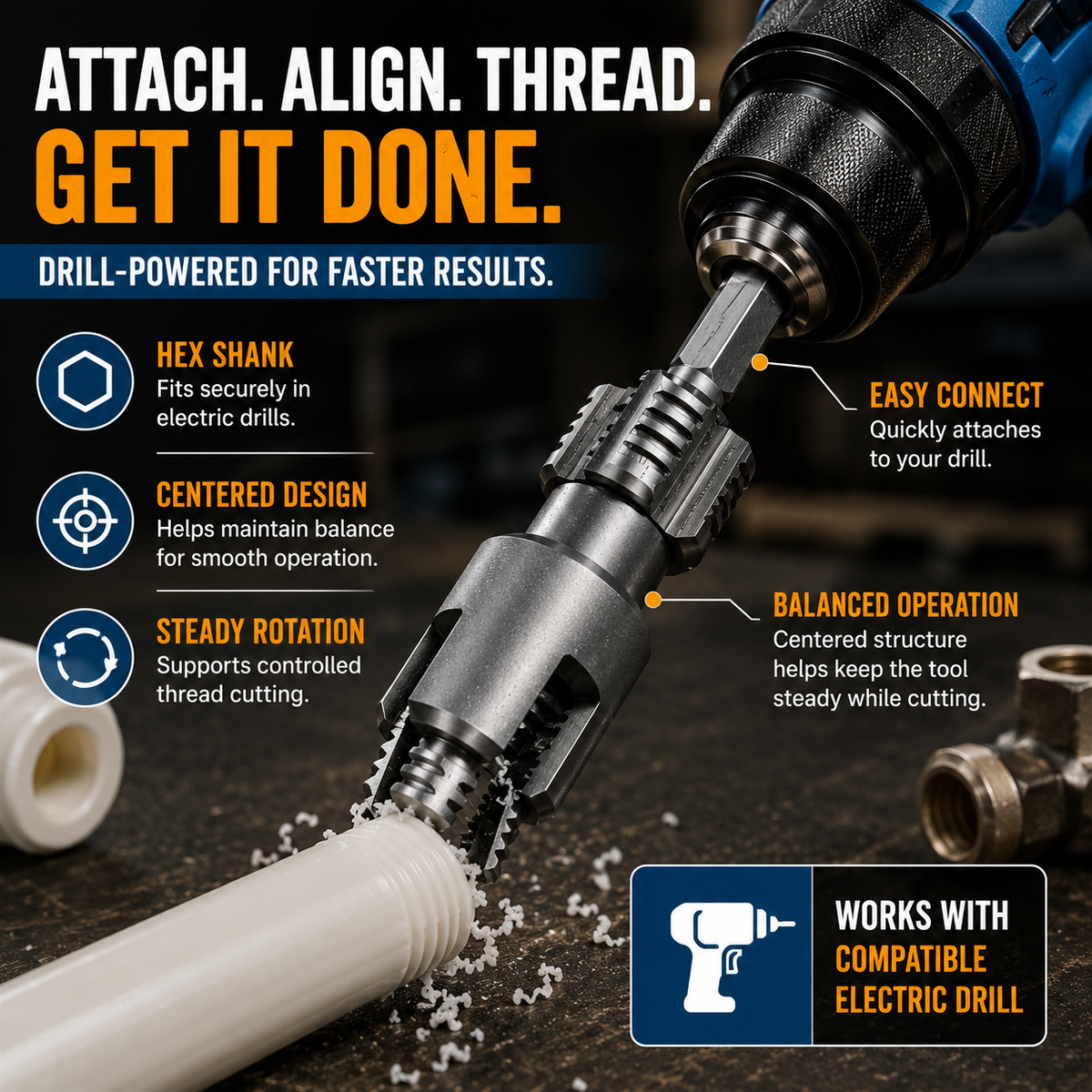 🔥2026 LIMITED SALE 70% OFF 🔧 Drill-Powered Pipe Thread Cutting Bit - Internal & External Threading for 1/2" & 3/4" Plastic Pipes
