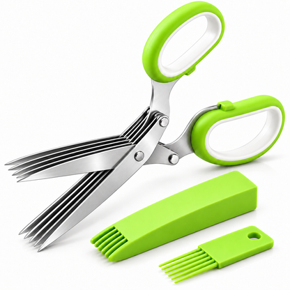 LIMITED DEAL 50% OFF ✂️ QuickCut™ 5-Blade Stainless Steel Multipurpose Kitchen Scissors - Multipurpose Herb Cutter with Safety Cover & Cleaning Comb