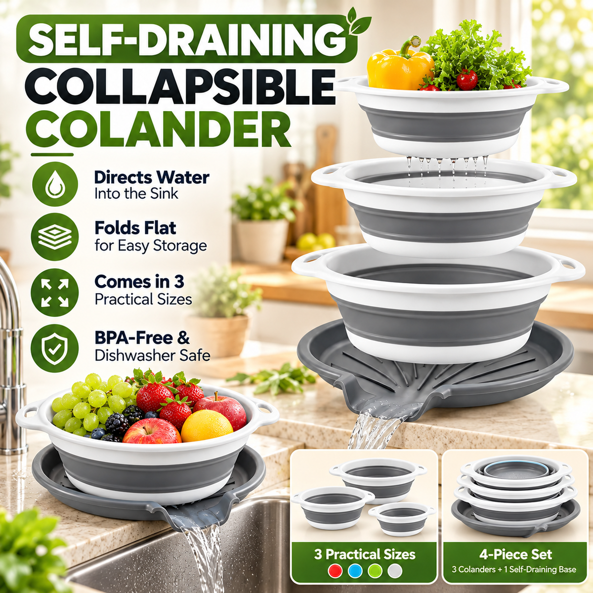 🔥 BLACK FRIDAY 70% OFF ⏰ 4-Piece Self-Draining Collapsible Colander Set 🥗
