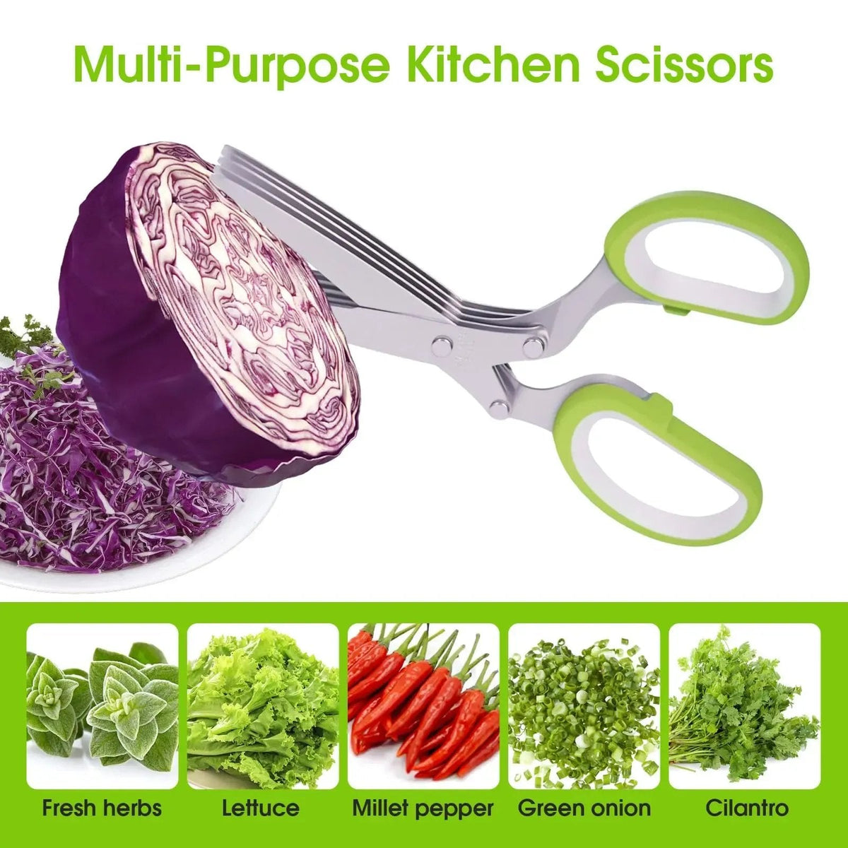 LIMITED DEAL 50% OFF ✂️ QuickCut™ 5-Blade Stainless Steel Multipurpose Kitchen Scissors - Multipurpose Herb Cutter with Safety Cover & Cleaning Comb