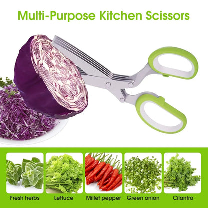 LIMITED DEAL 50% OFF ✂️ QuickCut™ 5-Blade Stainless Steel Multipurpose Kitchen Scissors - Multipurpose Herb Cutter with Safety Cover & Cleaning Comb