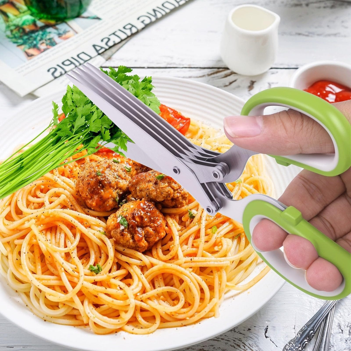 LIMITED DEAL 50% OFF ✂️ QuickCut™ 5-Blade Stainless Steel Multipurpose Kitchen Scissors - Multipurpose Herb Cutter with Safety Cover & Cleaning Comb